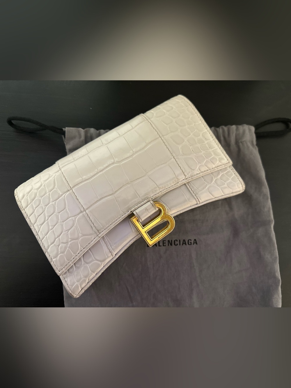 Balenciaga Croc-Embossed Hourglass Clutch in Off-White with Gold Hardware
